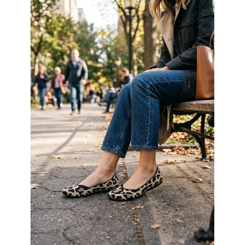 Rothys The Flat Spotted Leopard Animal Print Round Toe Knit Shoes Womens 8